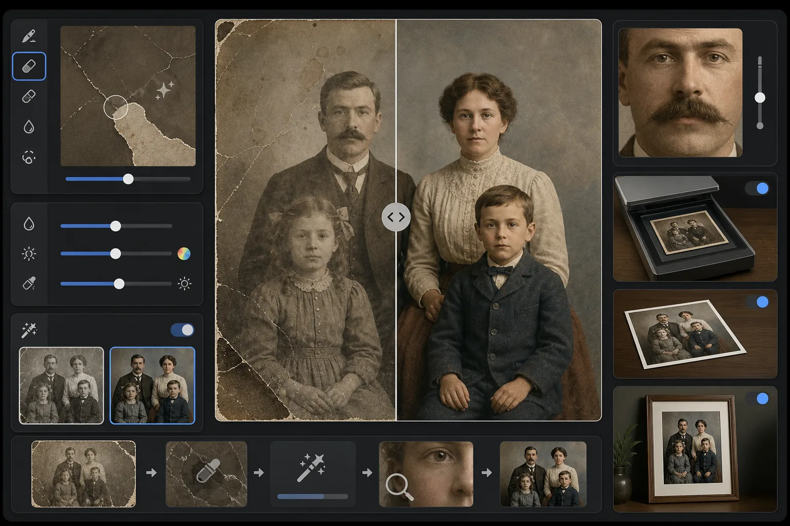 AI vintage photo restoration workflow repairing scratches and creases, reconstructing torn edges, restoring period-accurate color, sharpening details, and previewing restored family prints