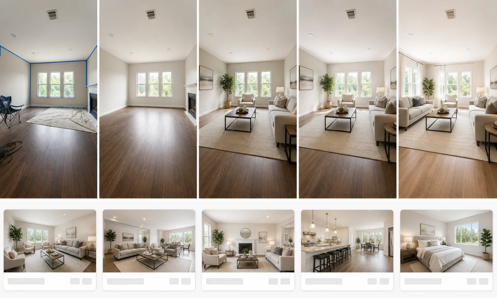 AI virtual staging workflow cleaning a vacant room, generating furniture, refining lighting, and exporting real estate listing photos