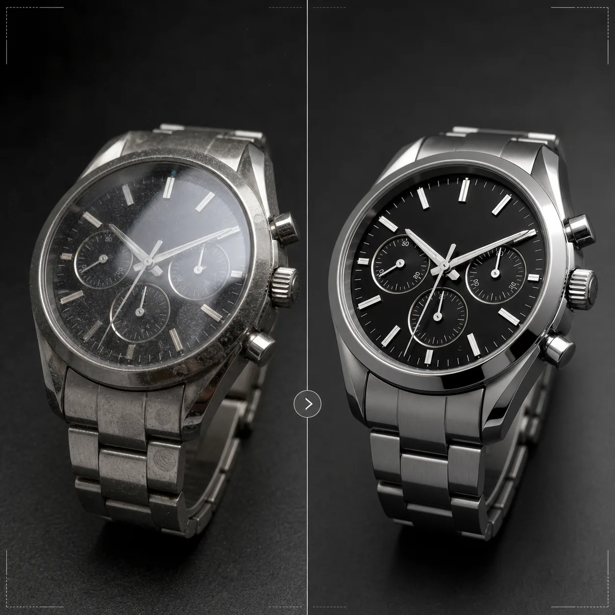 AI watch product photo workflow reducing crystal glare, removing dust and fingerprints, sharpening dial details, and enhancing brushed and polished metal textures