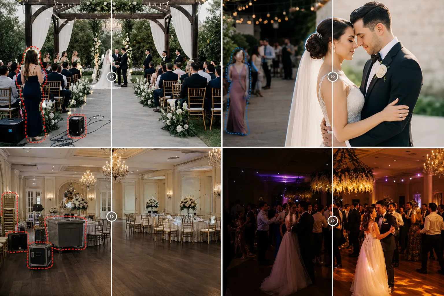 AI wedding and event photo editing workflow removing ceremony distractions, cleaning reception venues, and enhancing low-light dance photos