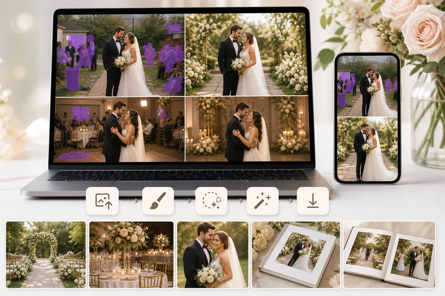 AI wedding photo editing workflow removing distracting guests and clutter, repairing backgrounds, and enhancing album-ready portraits