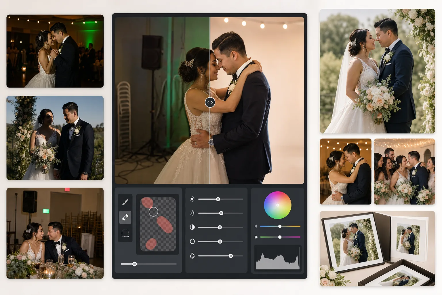 AI wedding photo enhancement workflow correcting dim reception lighting, balancing mixed color casts, preserving dress detail and natural skin tones, removing background distractions, and exporting album-ready wedding images
