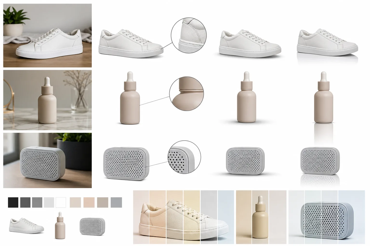 White-background product photo workflow showing clean cutout edges, pure white surrounds, contact shadows, subtle reflections, and color accuracy checks