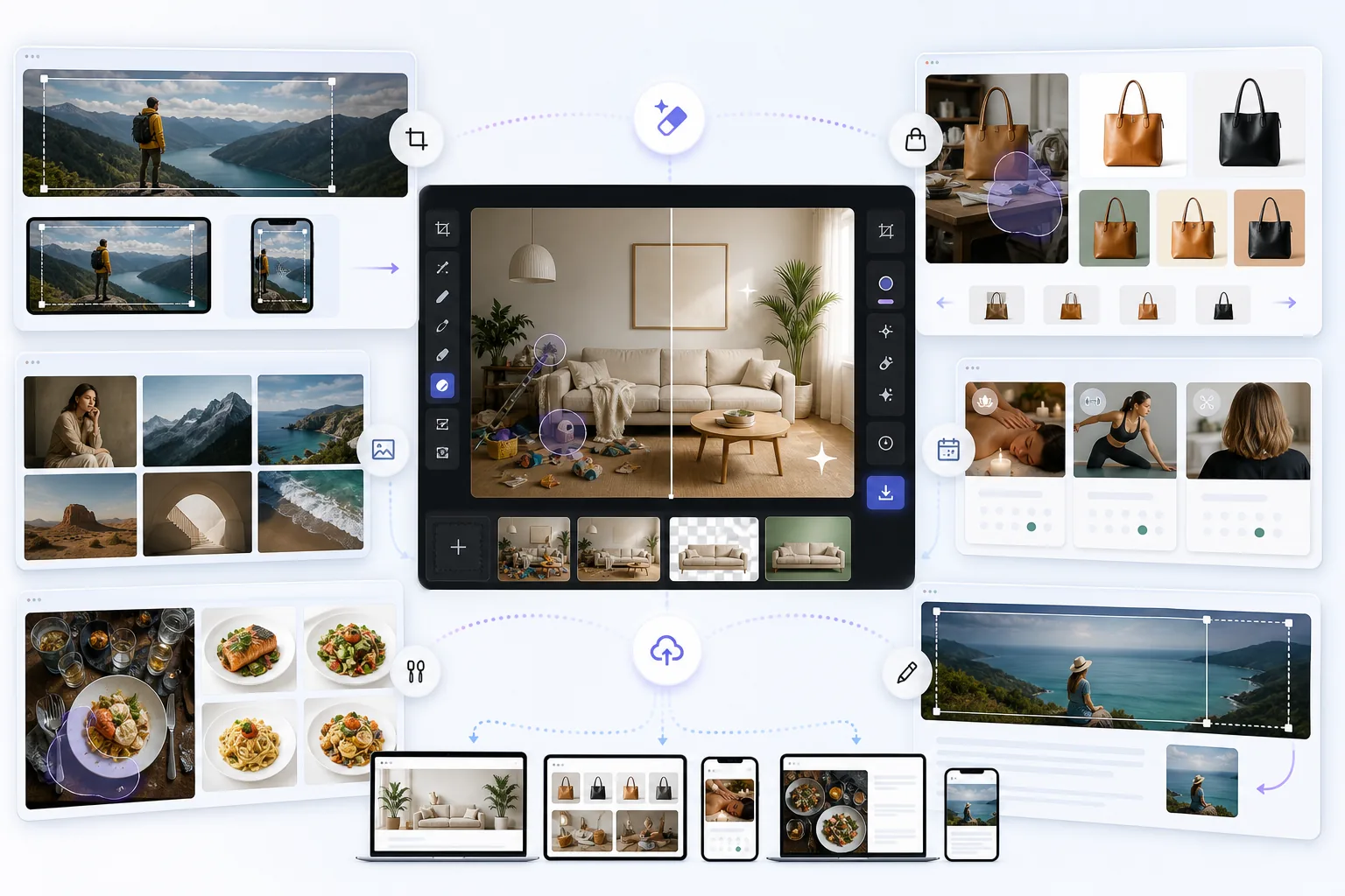 AI Wix website image prep workflow creating responsive banners, clean store product photos, portfolio galleries, booking cards, restaurant menu images, and blog covers