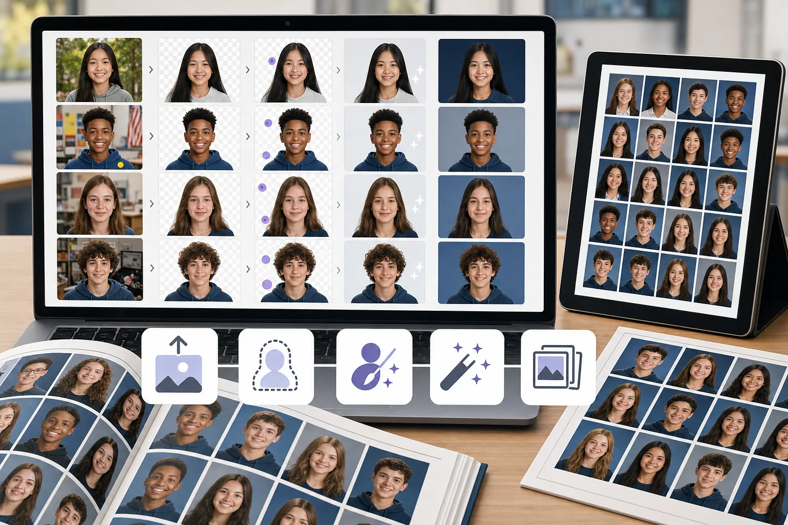 AI yearbook photo editing workflow standardizing portrait backgrounds, cleaning distractions, enhancing faces, and exporting print layouts
