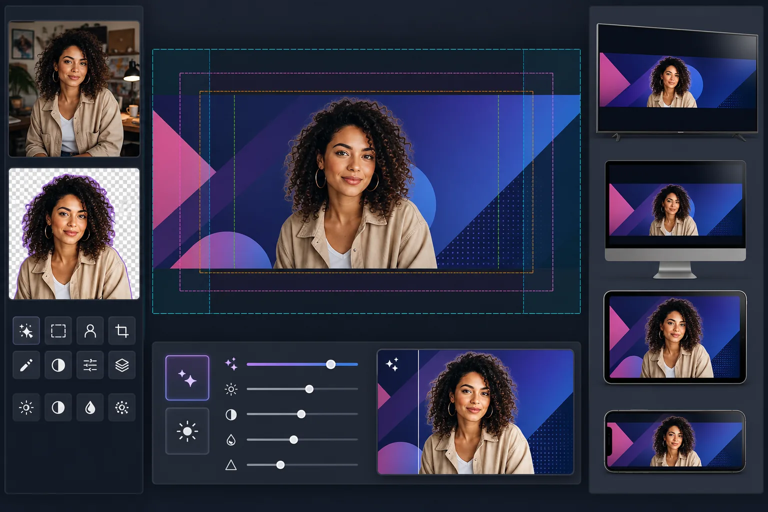 AI YouTube channel art workflow removing a creator portrait background, positioning the cutout inside banner safe-zone guides, enhancing clarity, and previewing responsive crops across TV, desktop, tablet, and phone screens