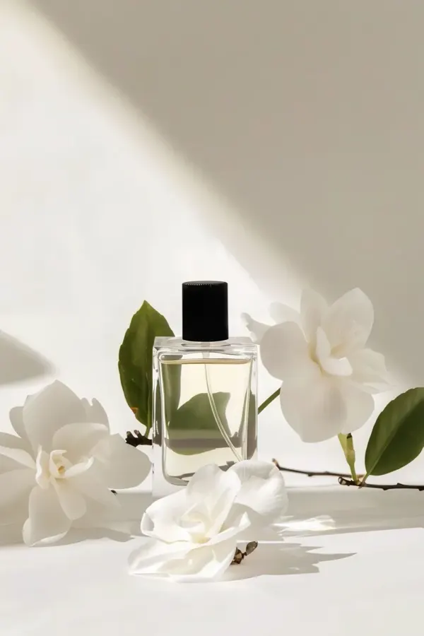 Perfume product styled with AI-generated background