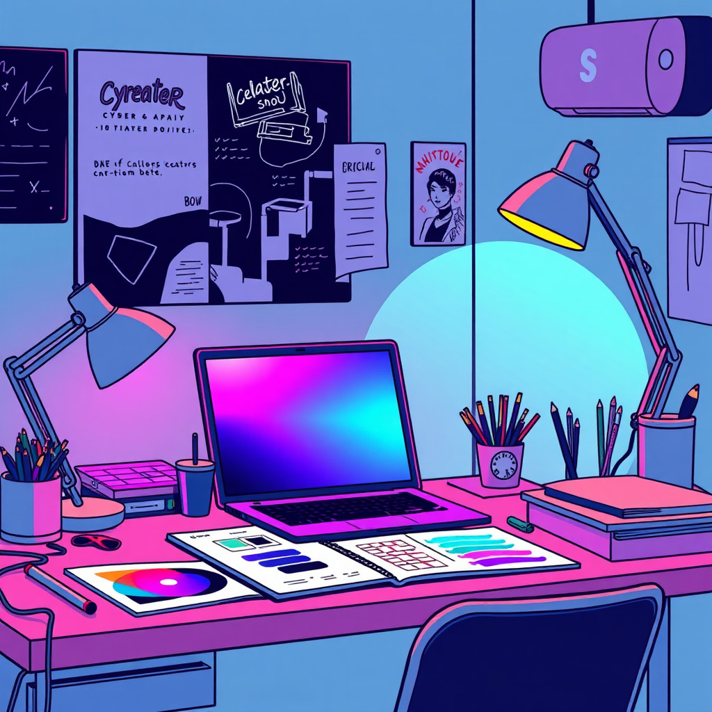 سايبربانك مستقبلي بطابع قديم AI generated creator workspace example