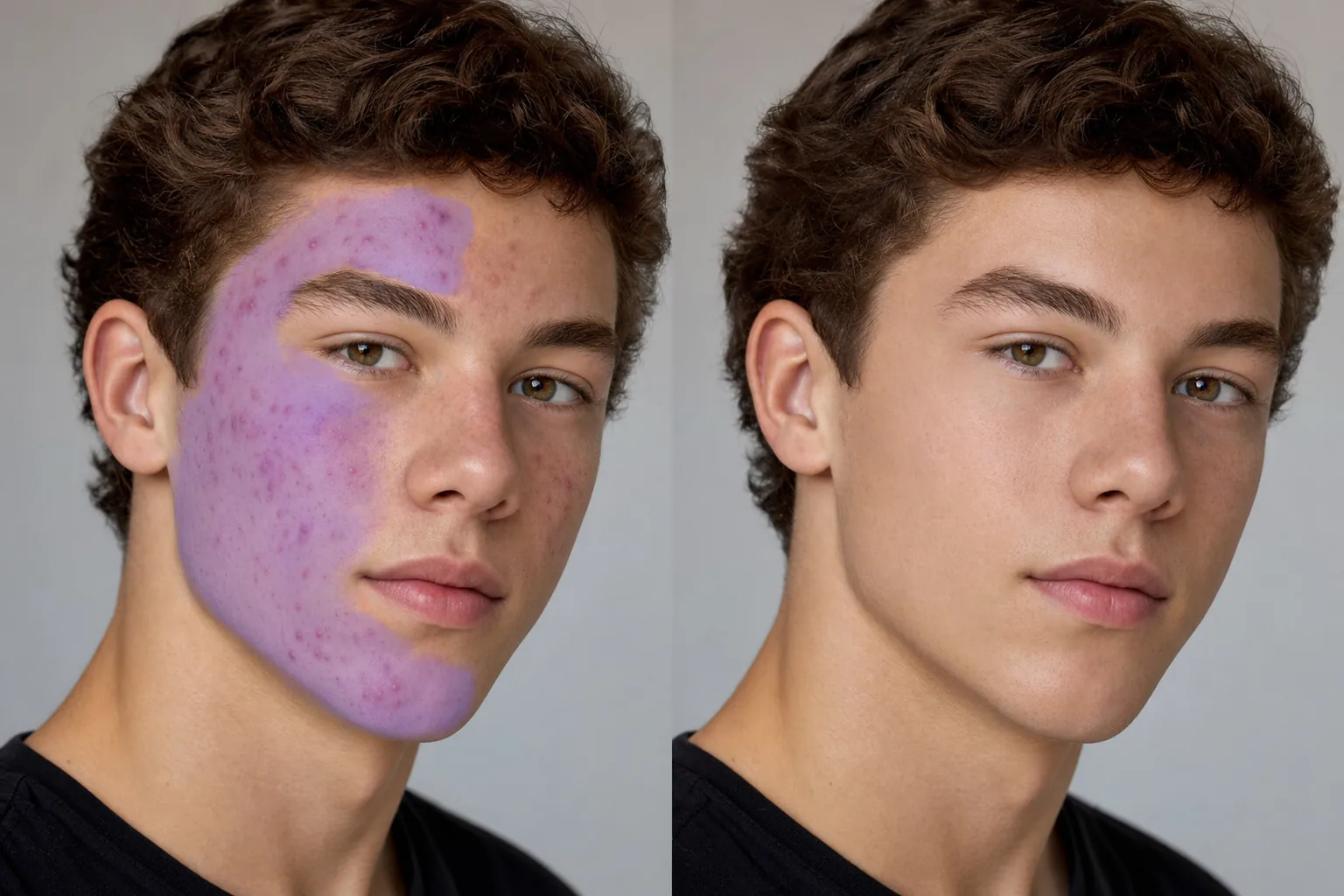 Before and after portrait showing acne breakout areas masked for removal and clear natural skin after AI cleanup