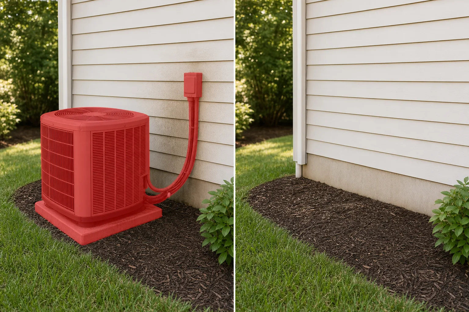 Before and after side yard photo showing a brushed outdoor AC condenser, concrete pad, lines, and wall stain removed and siding and mulch restored