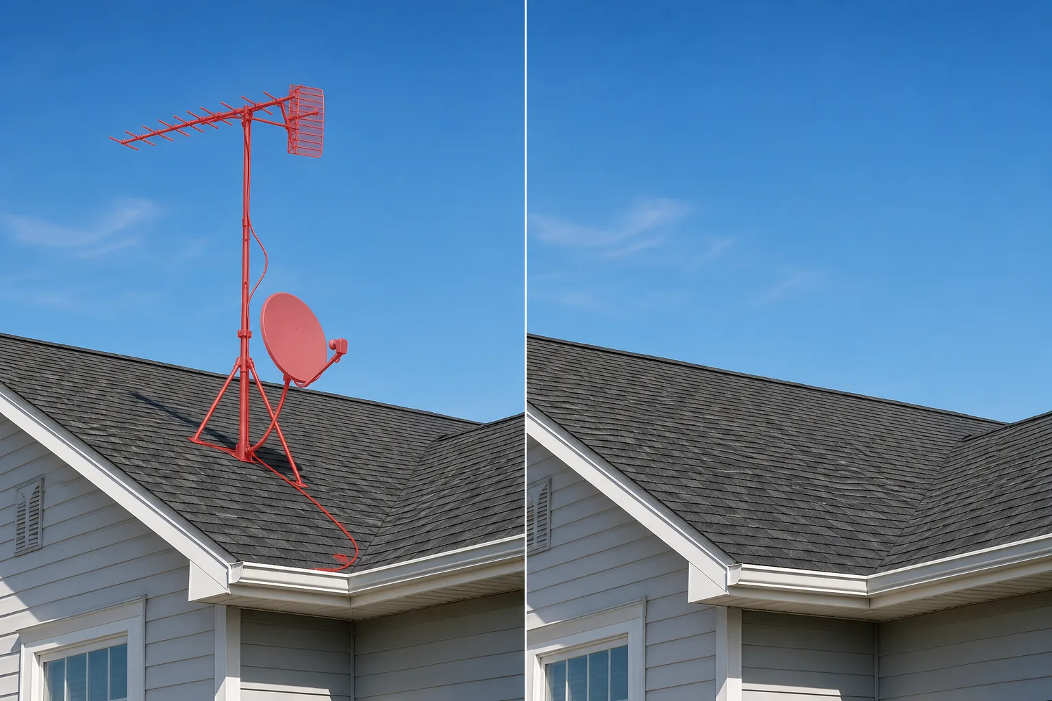 Before and after roof photo showing brushed antenna hardware removed and roof shingles and sky restored