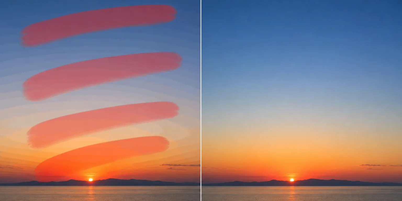 Before and after sunset sky photo showing brushed color banding smoothed into a continuous gradient