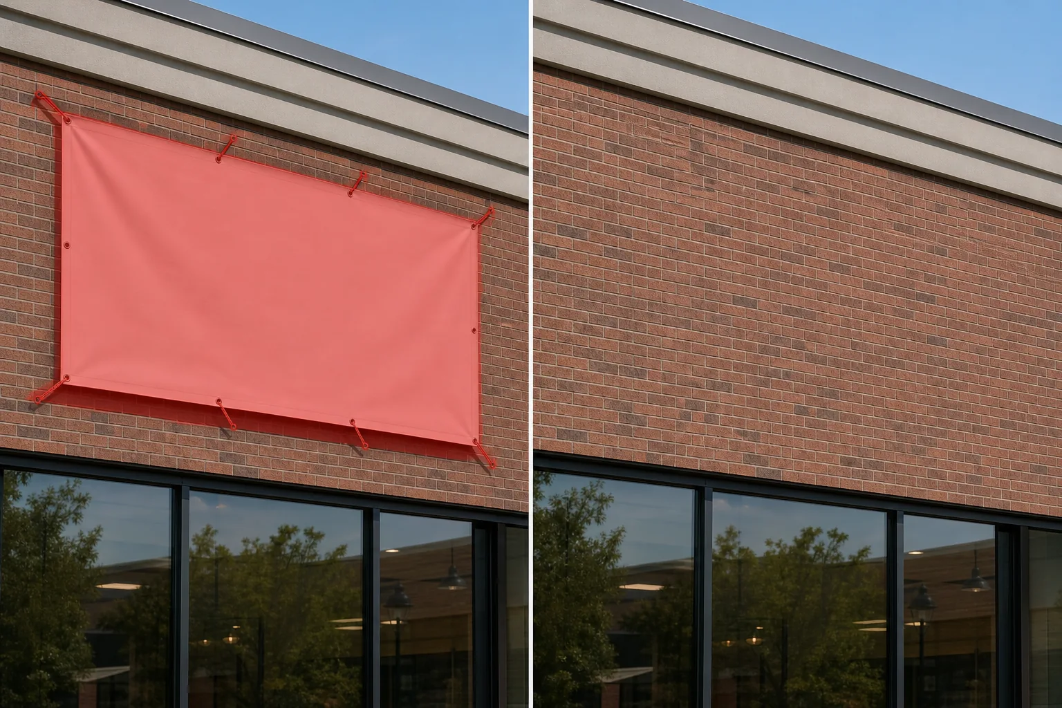Before and after storefront photo showing a brushed blank banner removed and brick wall restored