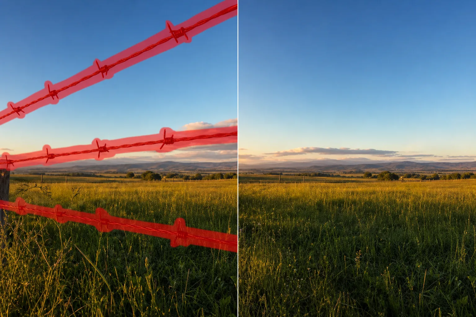 Before and after rural landscape photo showing brushed barbed wire removed from the sky and field background