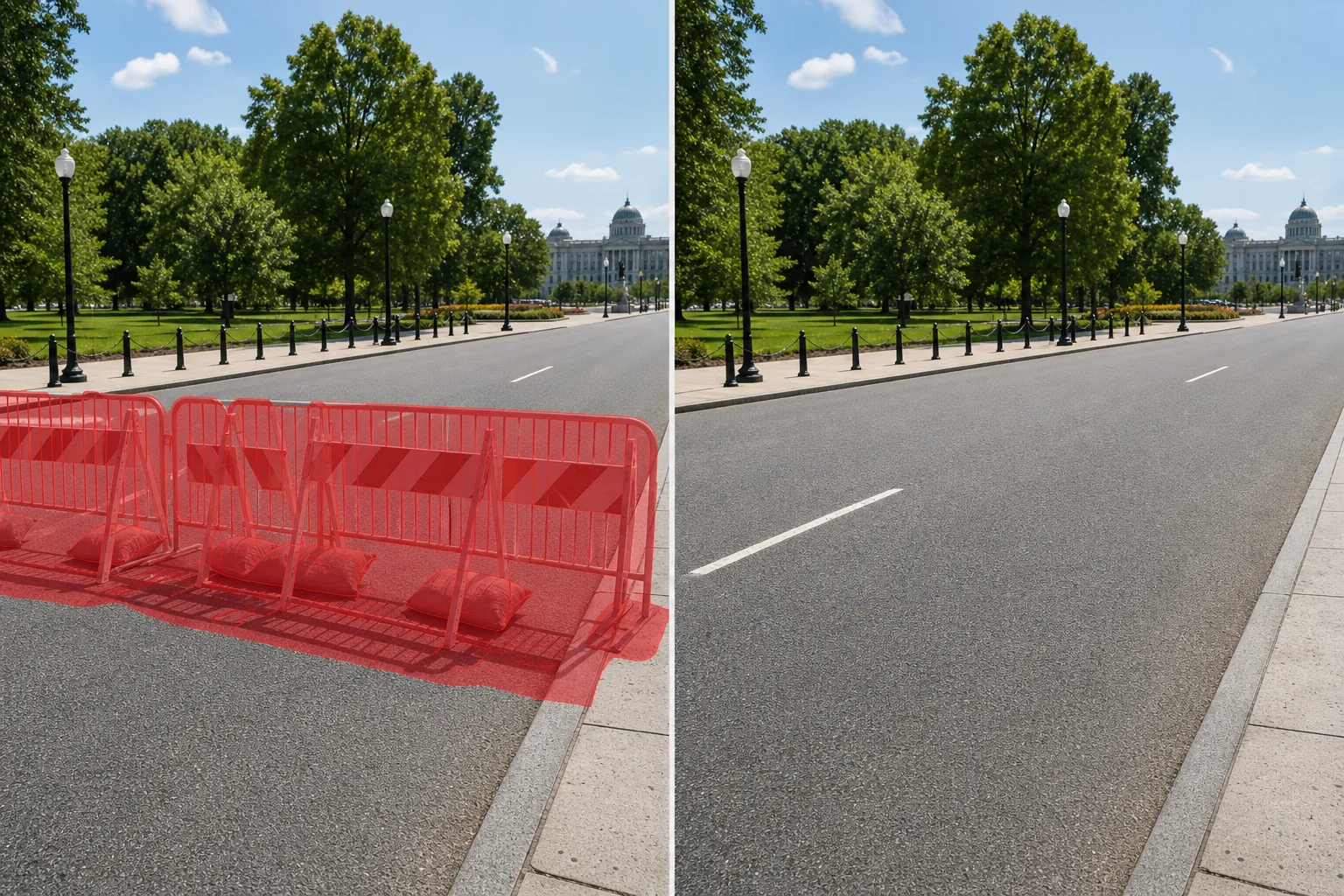 Before and after event street photo showing brushed barricades and shadows removed and pavement restored