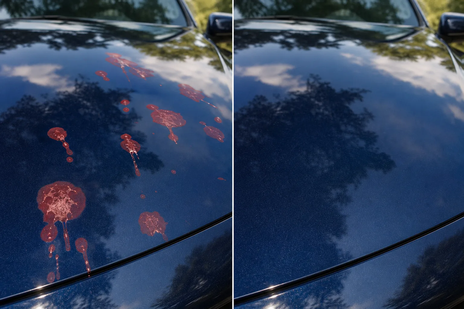 Before and after car hood photo showing brushed bird droppings removed and glossy paint reflections restored