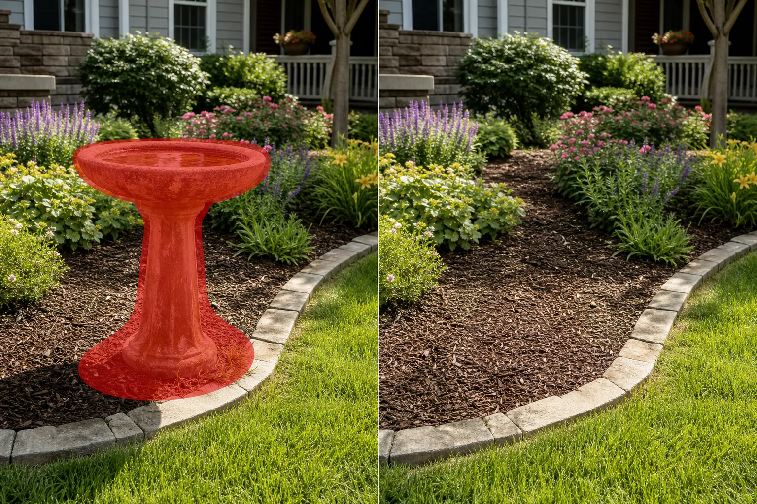 Before and after garden photo showing a brushed birdbath removed and mulch bed restored
