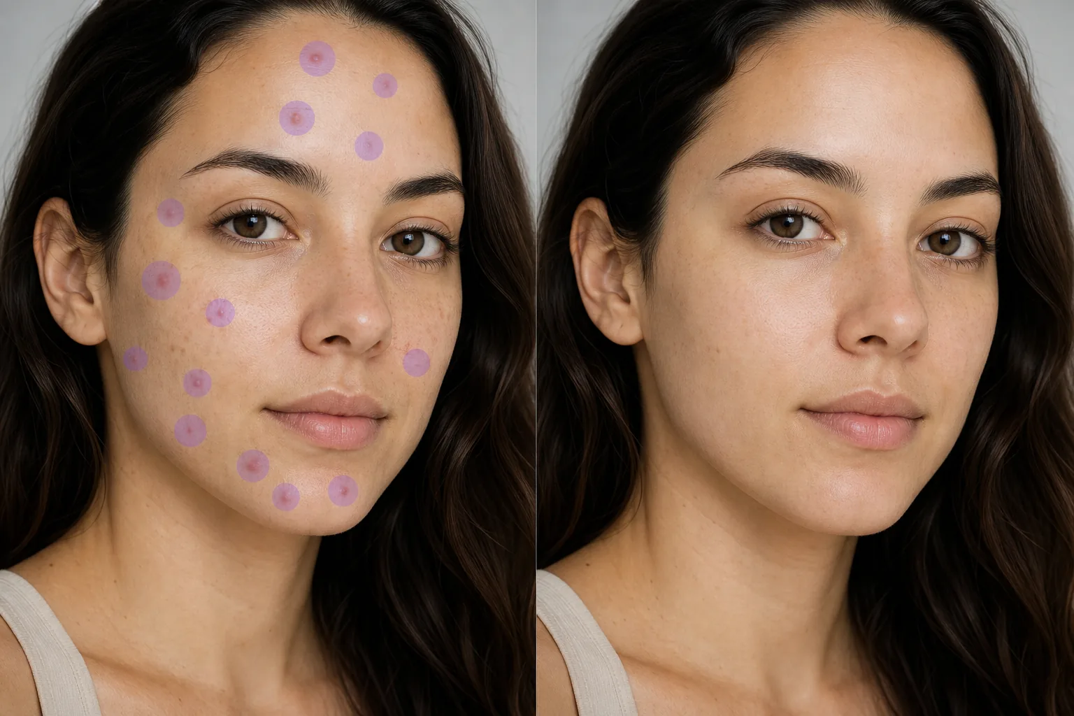 Before and after portrait showing skin blemishes masked for removal and natural skin texture preserved after AI cleanup