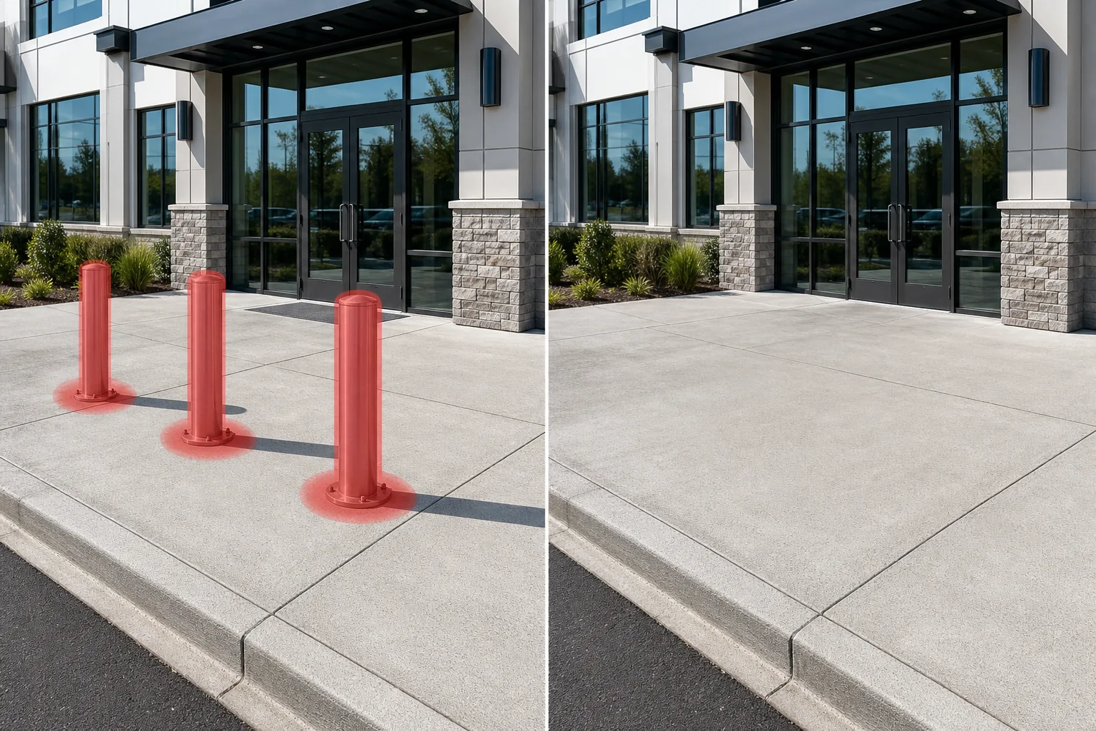 Before and after storefront sidewalk photo showing brushed bollards and shadows removed and concrete paving restored