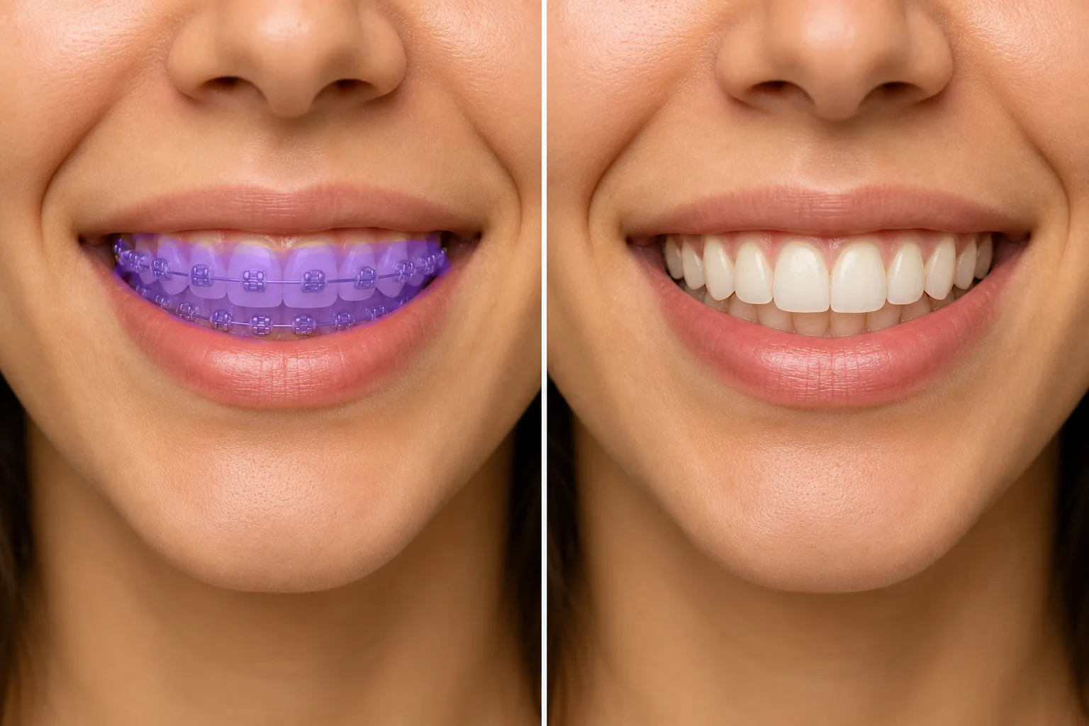 Before and after close-up smile showing braces masked for removal and natural teeth restored after AI cleanup