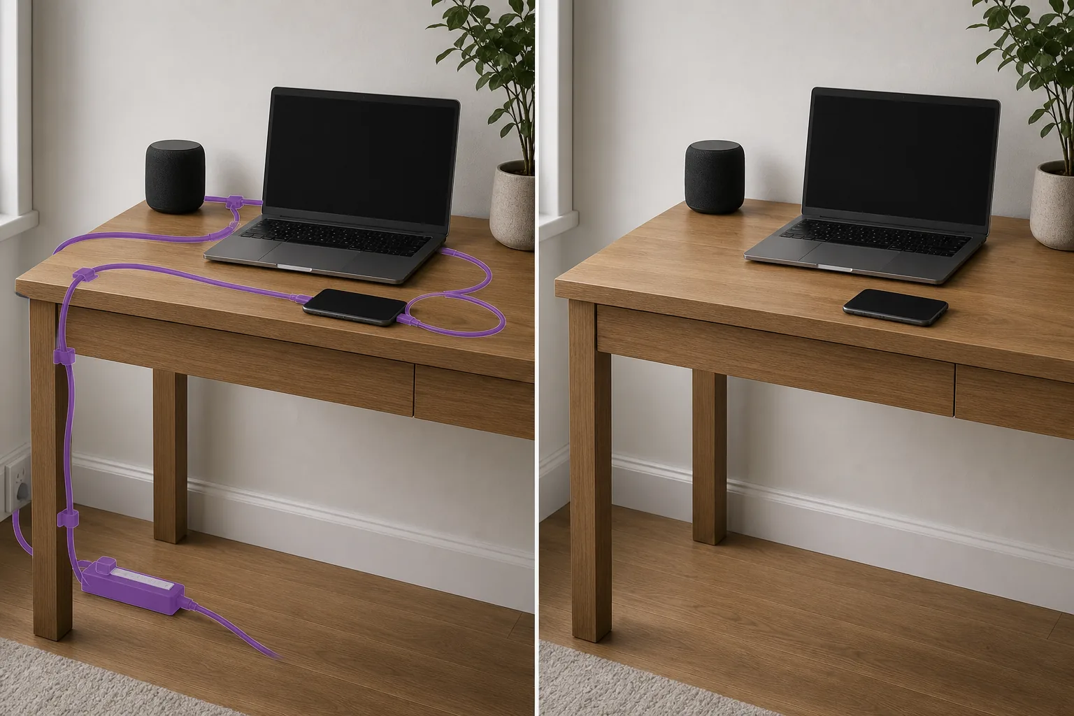 Before and after desk setup photo showing masked cable clutter removed and the wood surface and wall restored