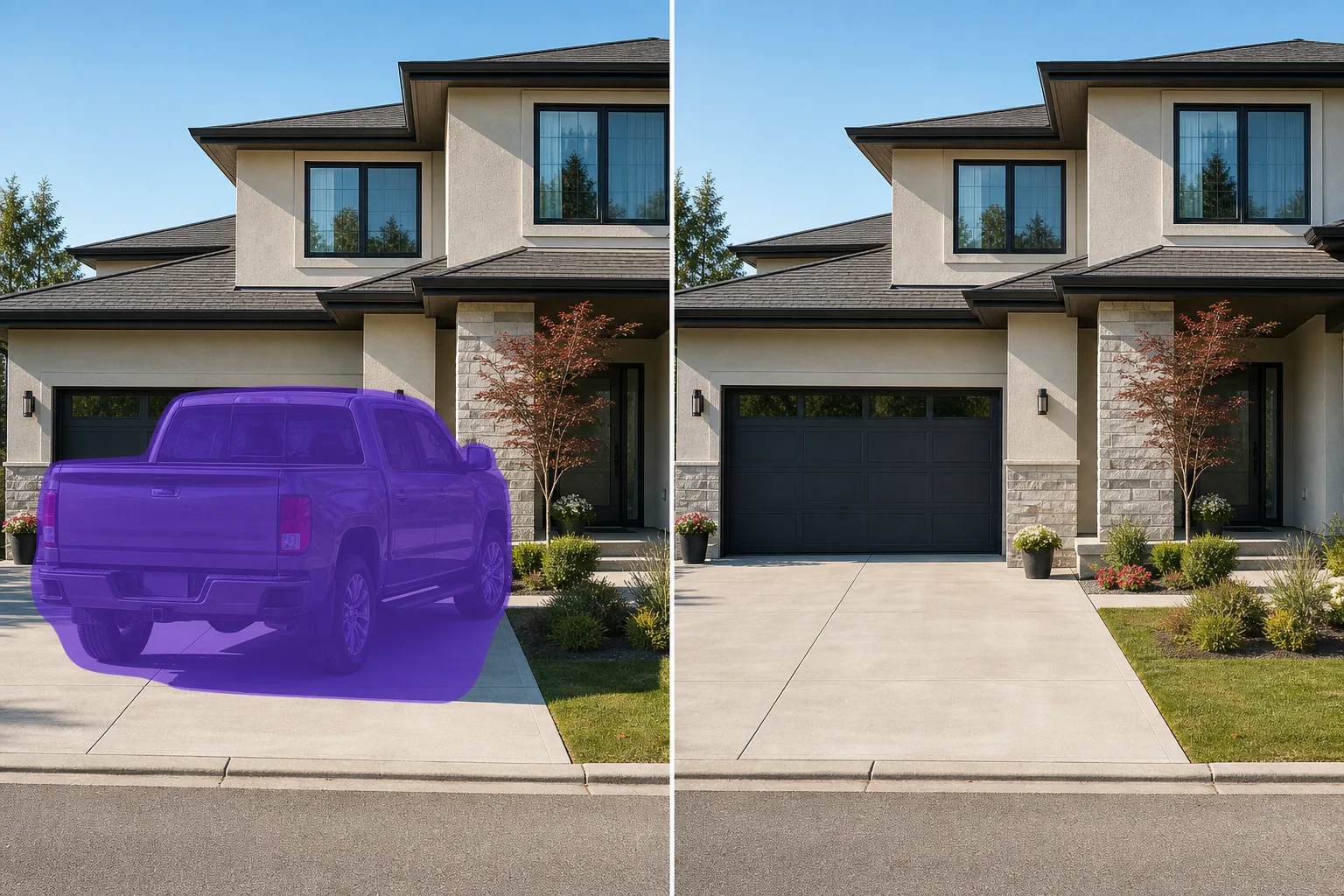 Before and after removing a parked truck and its shadow from a real-estate driveway photo