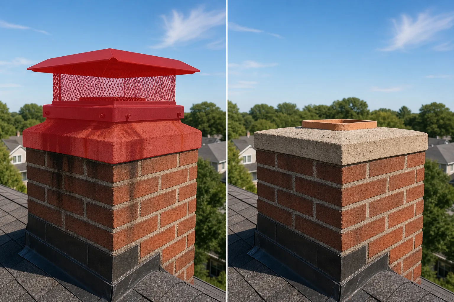 Before and after rooftop photo showing a brushed chimney cap removed and chimney top restored