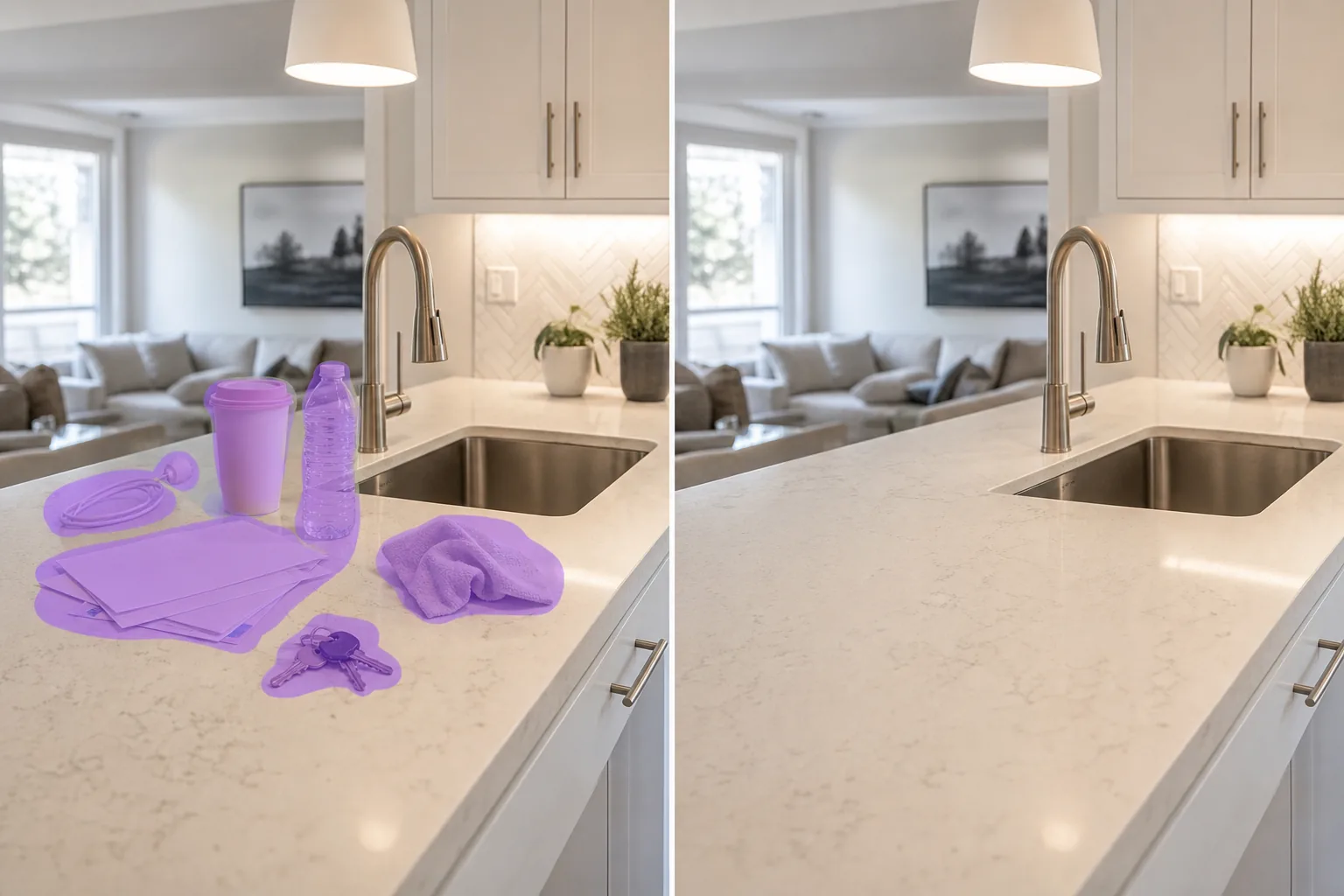 Before and after removing clutter from a kitchen counter photo
