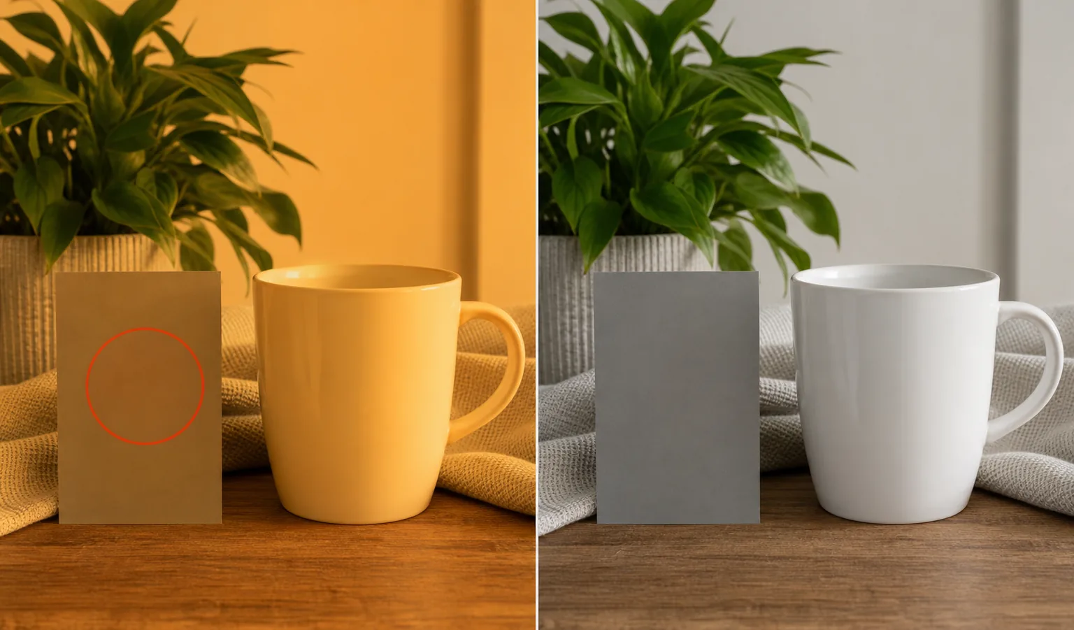 Before and after indoor photo showing a warm orange color cast corrected with a neutral gray reference