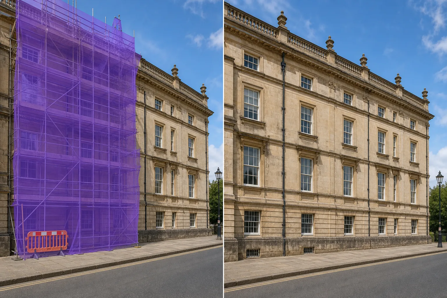 Before and after architectural photo showing masked scaffolding removed and the building facade restored
