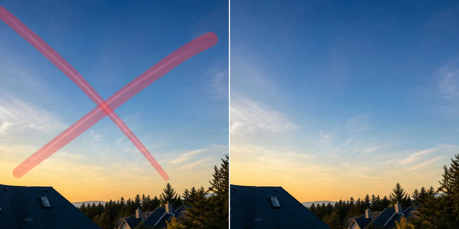 Before and after sky photo showing brushed airplane contrails removed from a smooth sunset sky