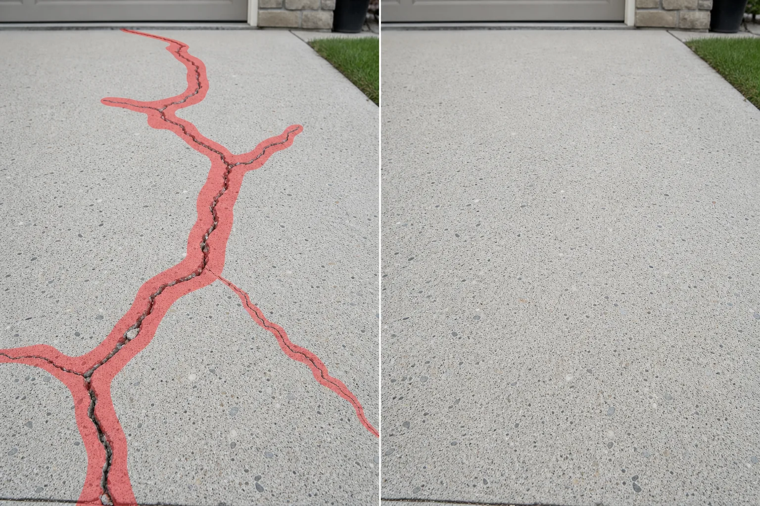 Before and after concrete driveway photo showing a brushed branching crack removed and surface texture restored