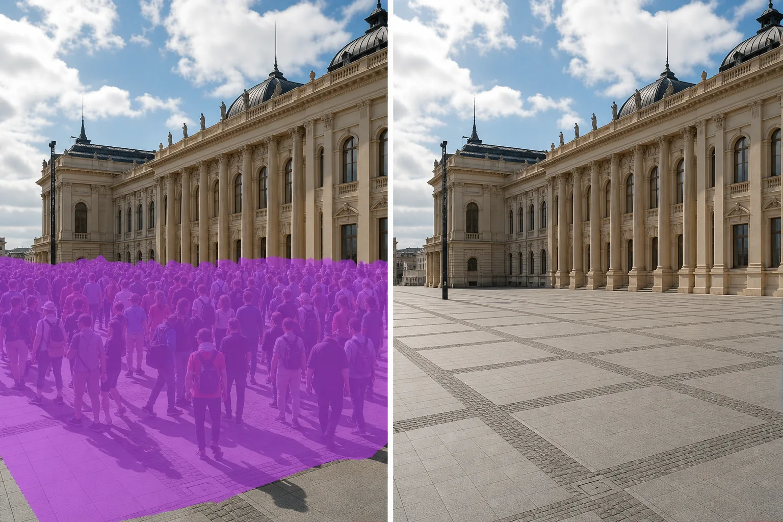 Before and after removing a dense crowd from a public plaza photo