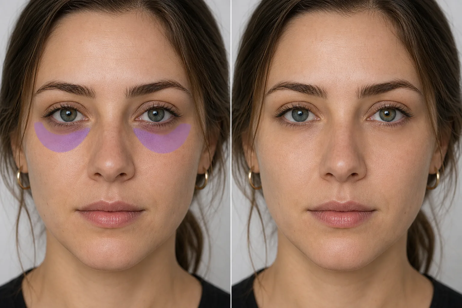 Before and after close-up portrait showing masked under-eye dark circles reduced naturally