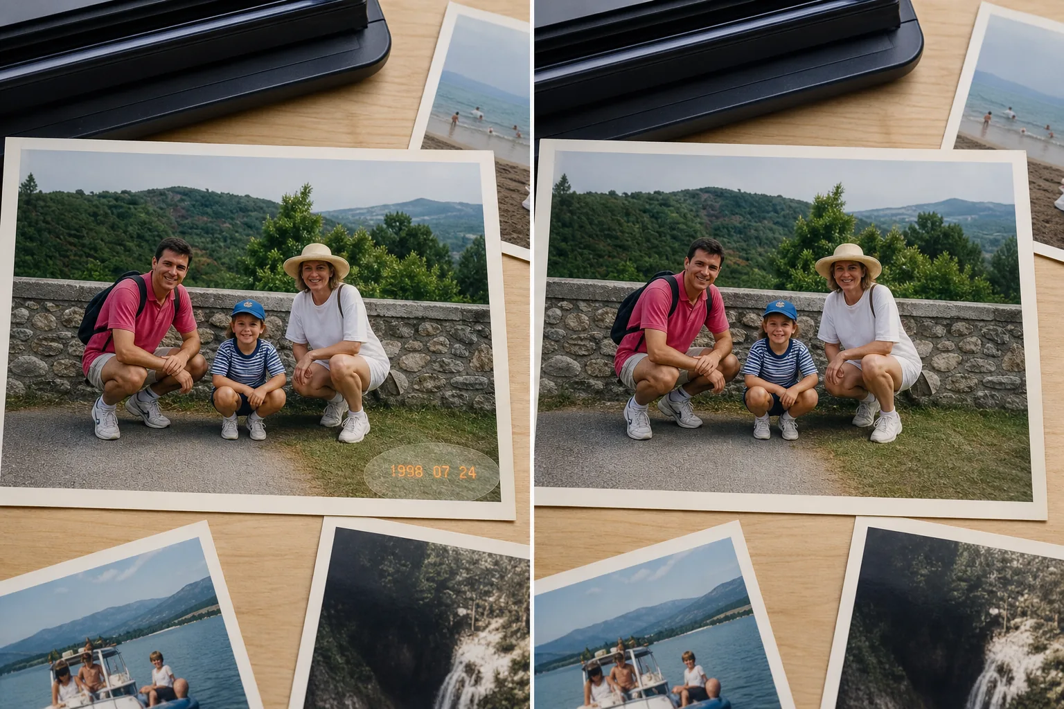 Before and after removing an orange date stamp from a scanned family photo