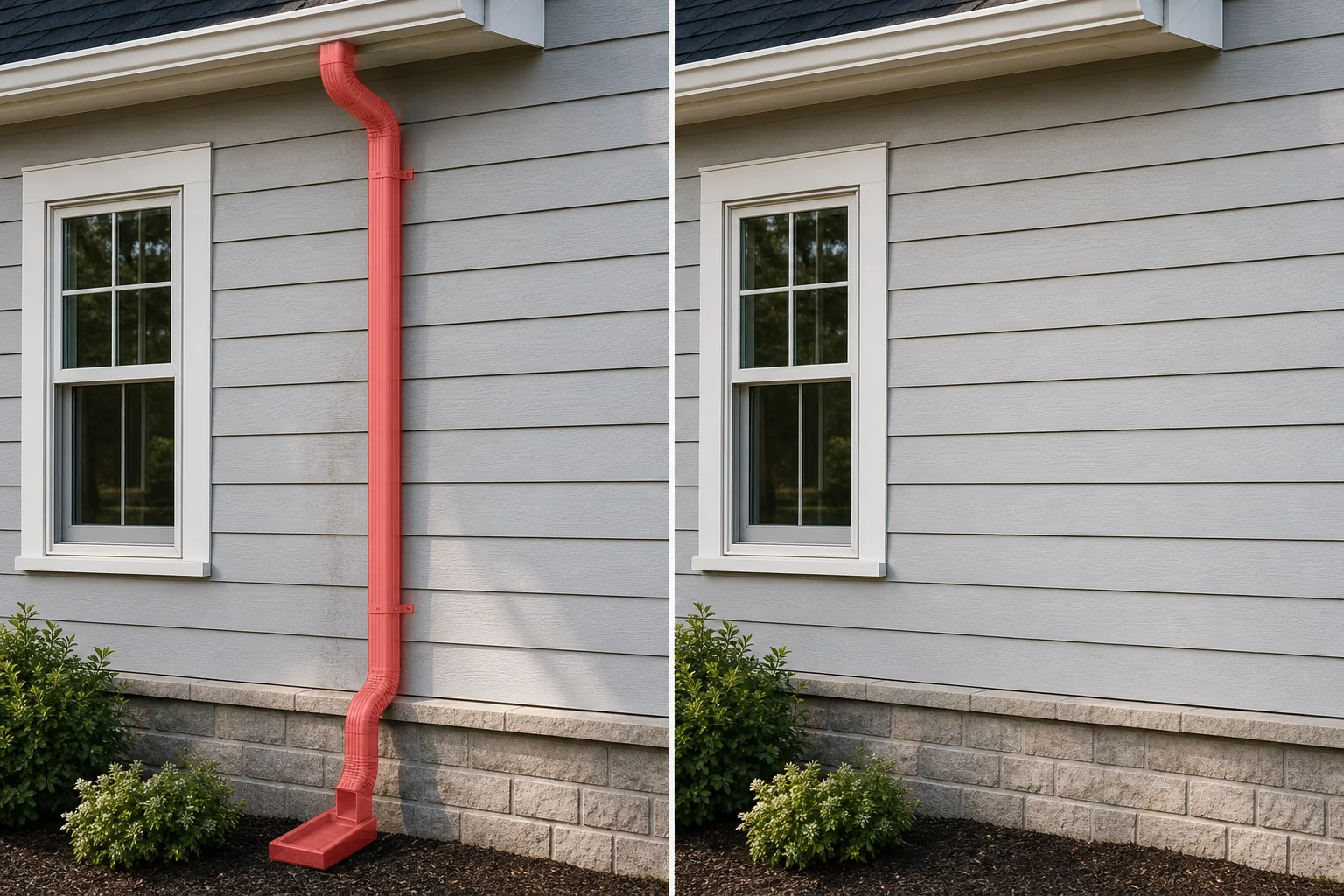 Before and after house exterior photo showing a brushed downspout removed and siding restored