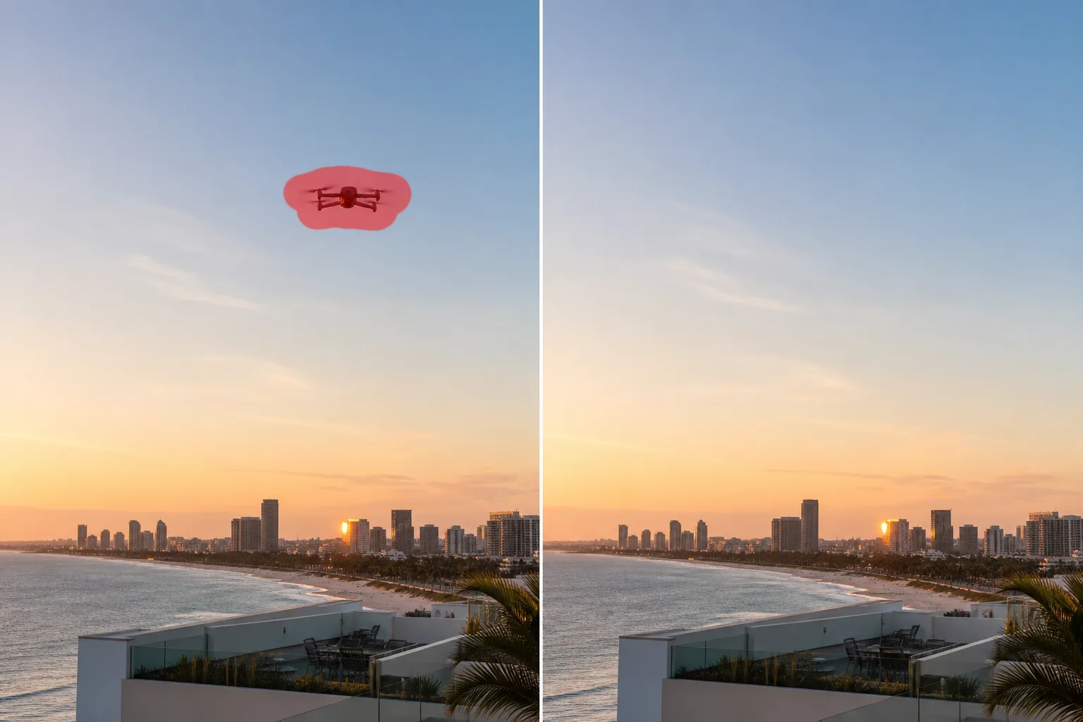 Before and after skyline photo showing a brushed drone removed from a smooth sunset sky