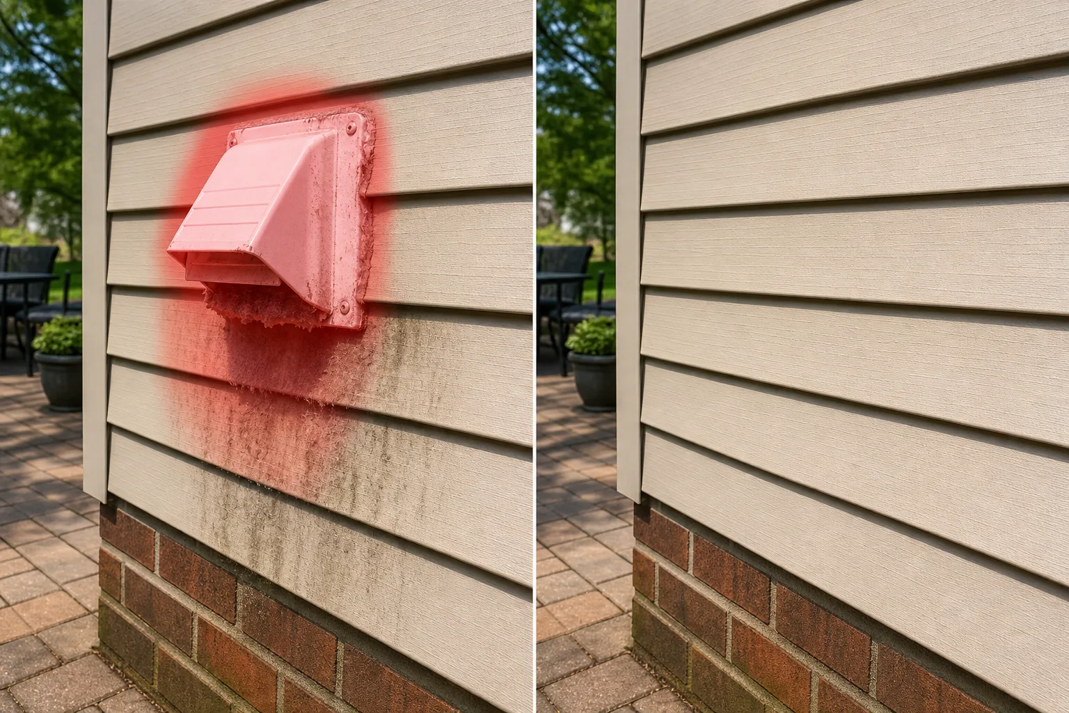 Before and after exterior wall photo showing a brushed dryer vent and lint stains removed from siding