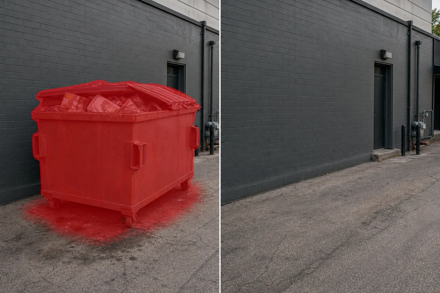 Before and after commercial exterior photo showing a brushed dumpster, debris, and pavement stain removed and wall and asphalt restored