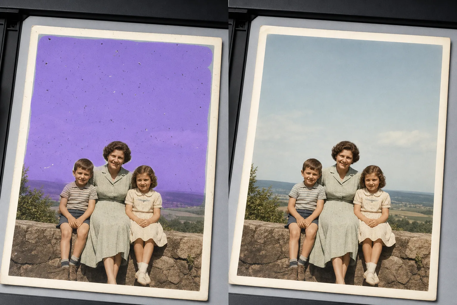 Before and after removing dust specks from a scanned vintage family photo