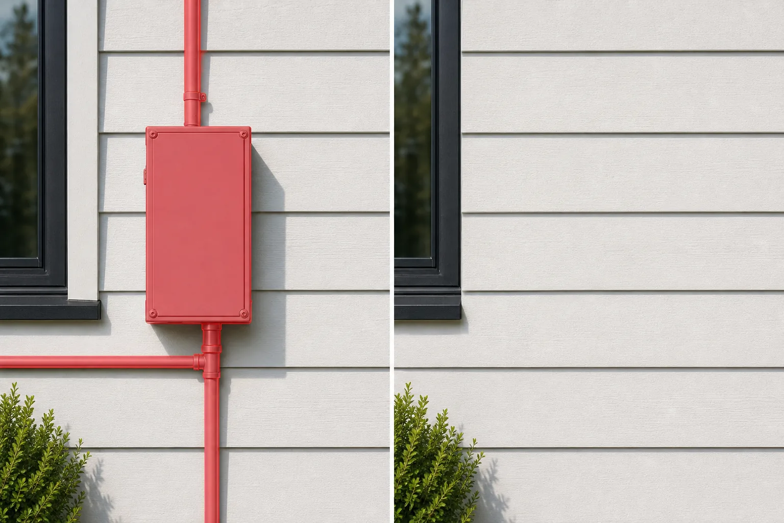 Before and after exterior wall photo showing a brushed electrical box and conduit removed and siding restored