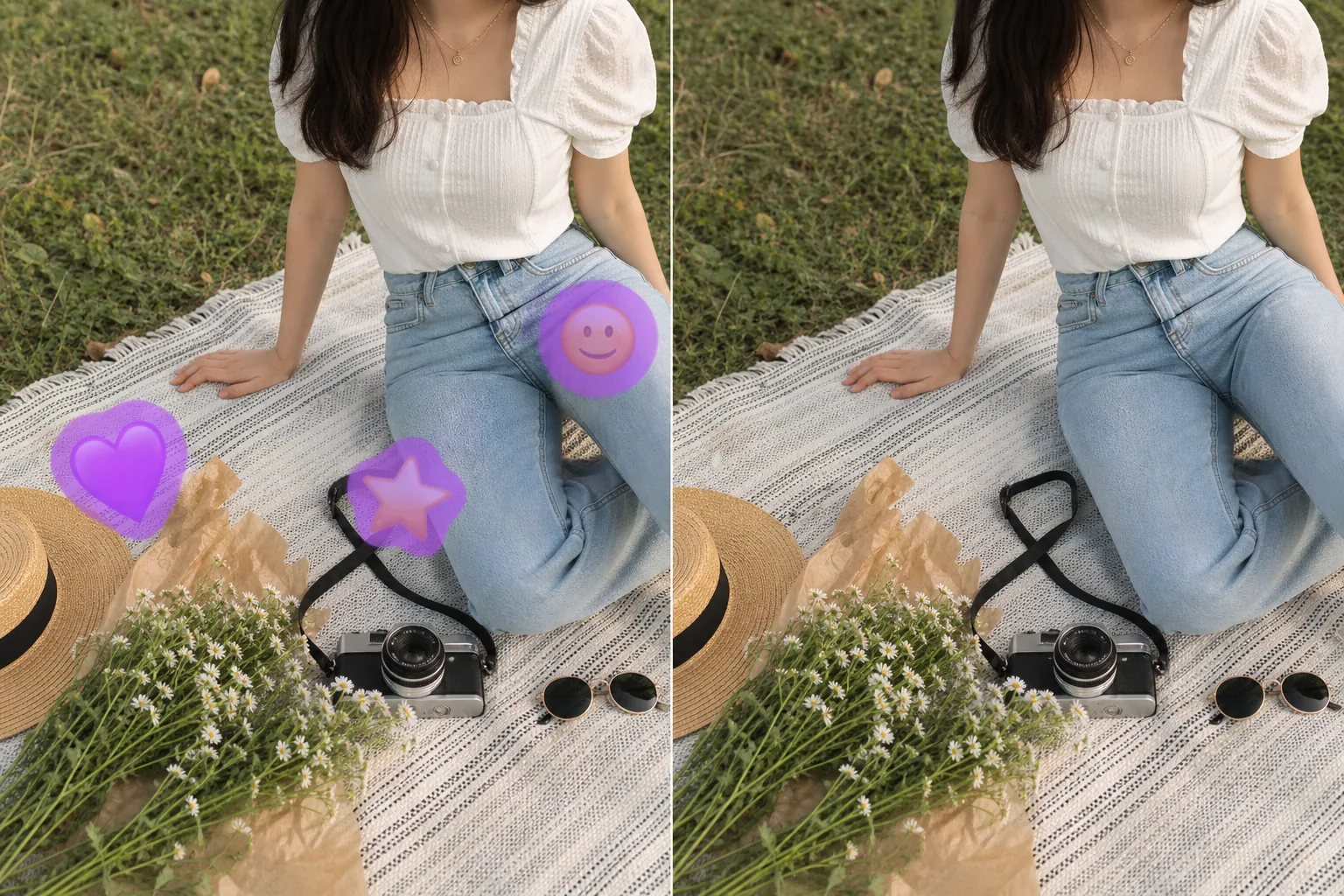 Before and after picnic photo showing masked emoji stickers removed and fabric, grass, and clothing restored