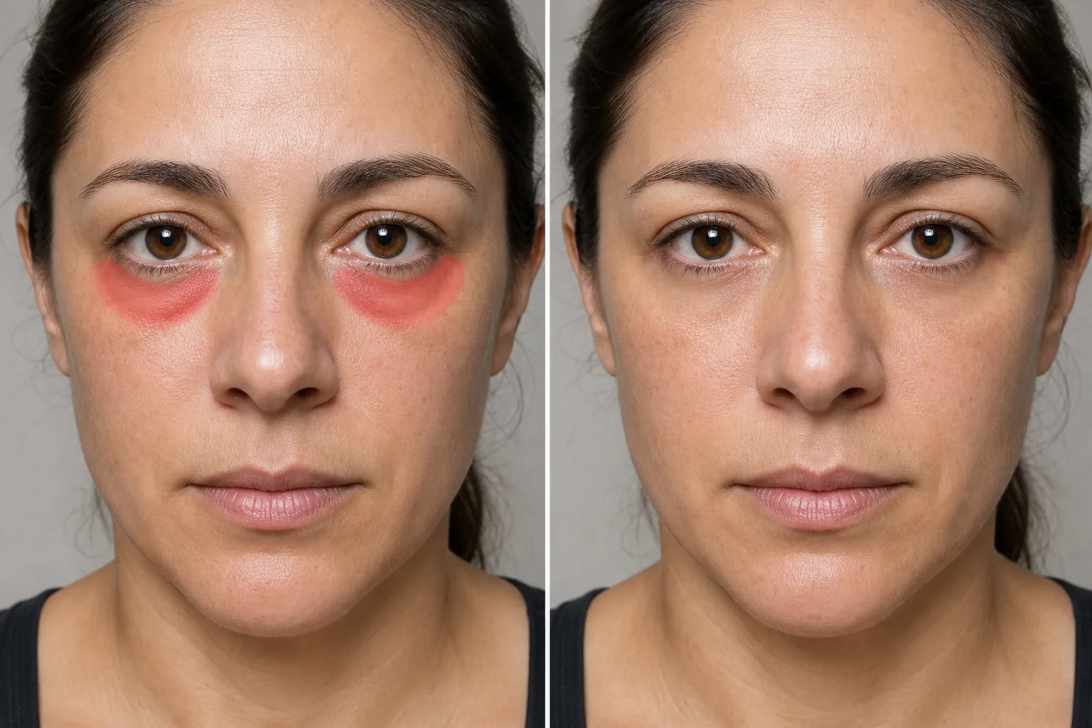 Before and after close-up portrait showing under-eye bags and shadows brushed and softened naturally
