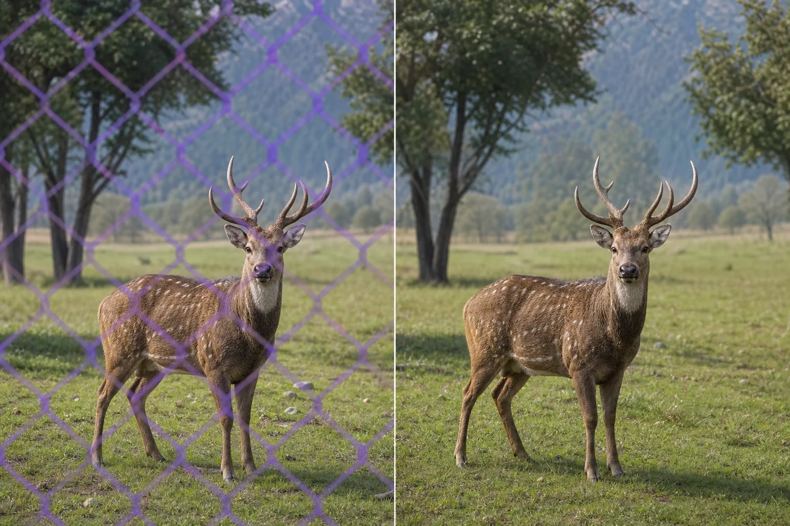 Before and after wildlife photo showing chain-link fence masked for removal and the habitat restored after AI cleanup