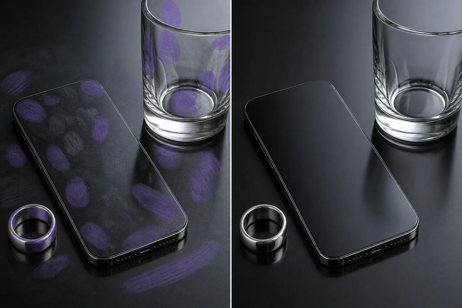 Before and after product photo showing fingerprints masked on glass and polished surfaces and removed after AI cleanup