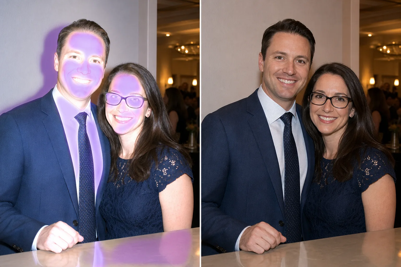 Before and after indoor portrait showing masked flash hotspots and harsh shadows corrected