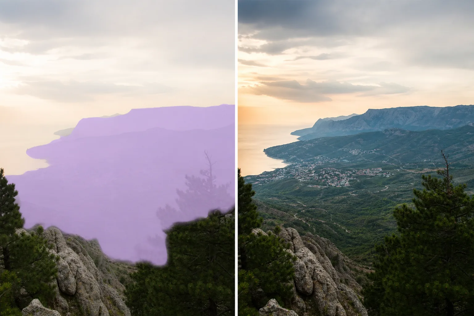 Before and after mountain landscape showing masked fog and haze reduced to reveal clear detail
