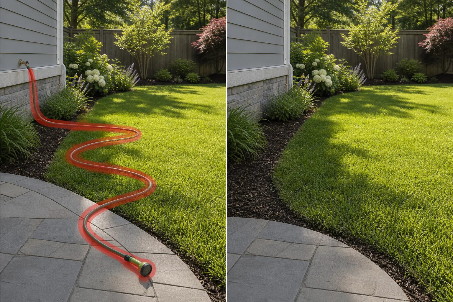 Before and after backyard photo showing a brushed garden hose removed and lawn and patio restored