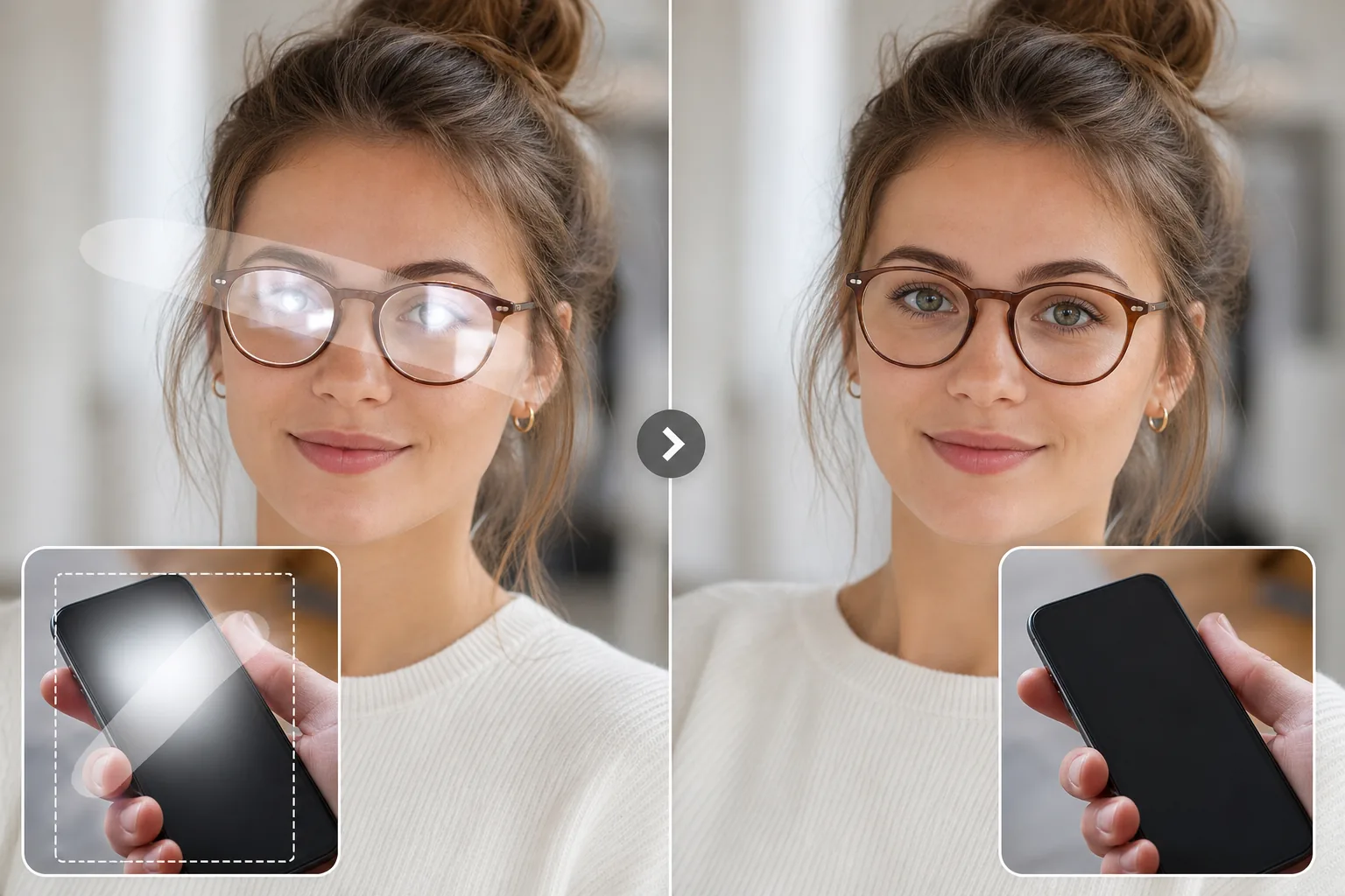 Before and after glare removal from eyeglasses and a phone screen using AI Fill