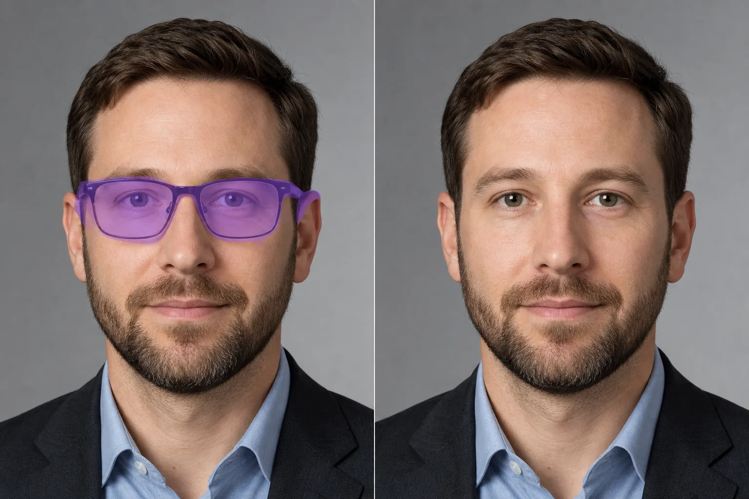 Before and after headshot showing masked eyeglasses removed and natural eye area restored